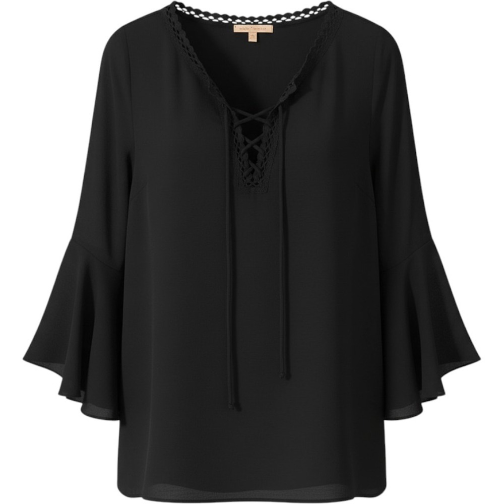 Gibson Latimer Blouse M Boho Bell Sleeve Lace Up Black Crochet Trim